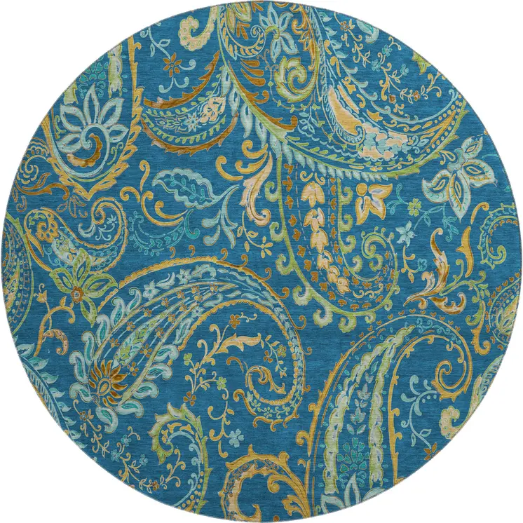 8' Navy Blue Green And Gold Paisley Washable Round Rug With UV Protection