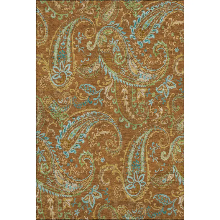 5' X 8' Rust Blue And Green Paisley Washable Area Rug With UV Protection