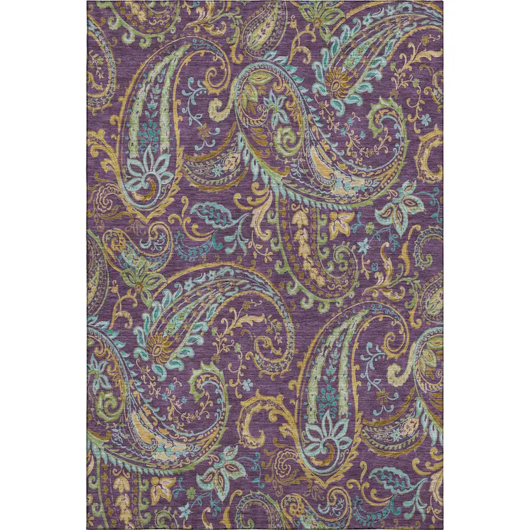 5' X 8' Purple Green And Blue Paisley Washable Area Rug With UV Protection