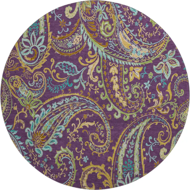 8' Purple Green And Blue Paisley Washable Round Rug With UV Protection