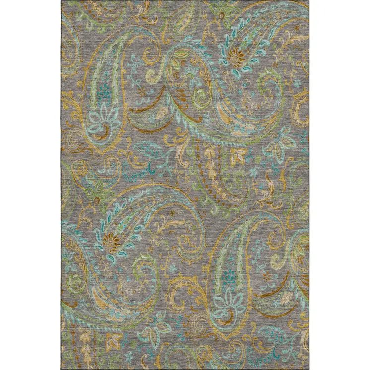 8' X 10' Taupe Green And Blue Paisley Washable Area Rug With UV Protection