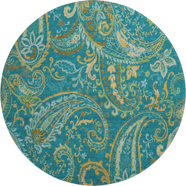 8' Teal Green And Gold Paisley Washable Round Rug With UV Protection