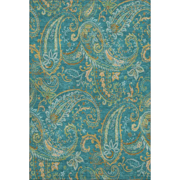 8' X 10' Teal Green And Gold Paisley Washable Area Rug With UV Protection