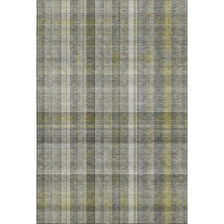 5' X 8' Gray And Gold Plaid Washable Area Rug With UV Protection