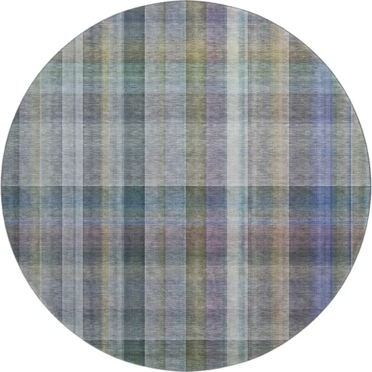 8' Green And Purple Plaid Washable Round Rug With UV Protection