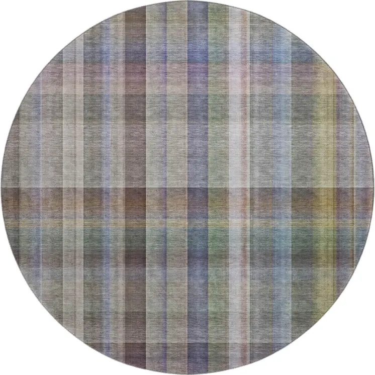 8' Pewter And Purple Plaid Washable Round Rug With UV Protection