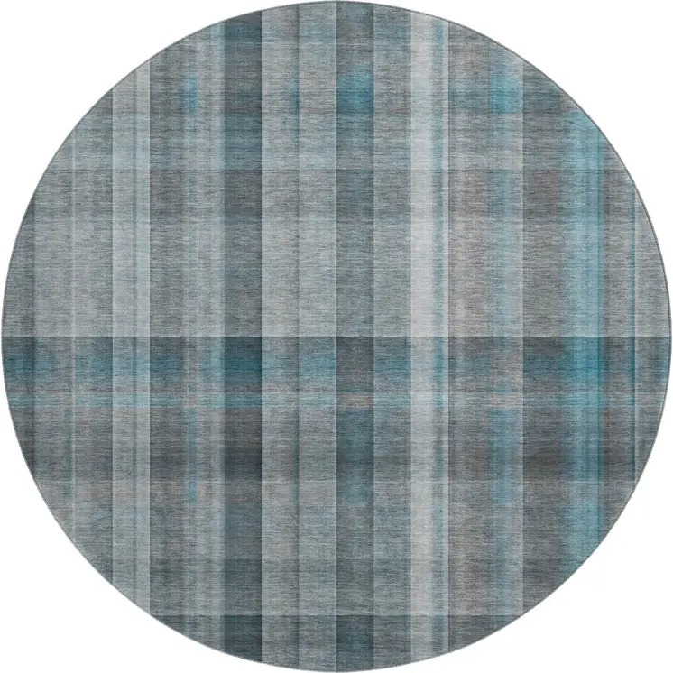 8' Teal And Ivory Plaid Washable Round Rug With UV Protection