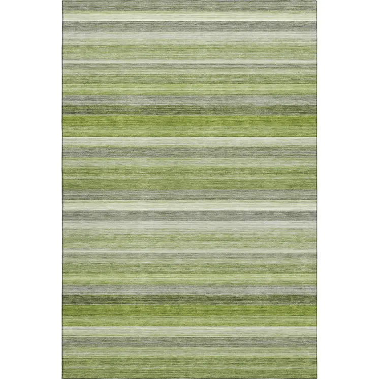8' X 10' Fern Green Ivory And Gray Striped Washable Area Rug With UV Protection