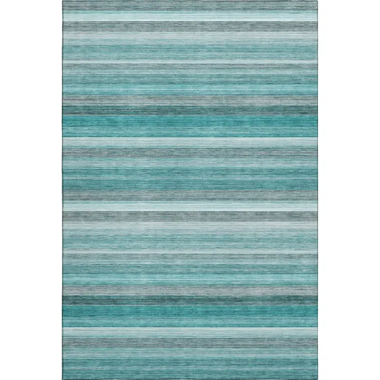 9' X 12' Teal Gray And Ivory Striped Washable Area Rug With UV Protection