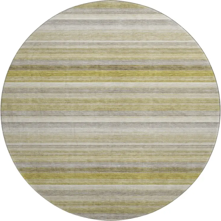 8' Wheat Gray And Ivory Striped Washable Round Rug With UV Protection
