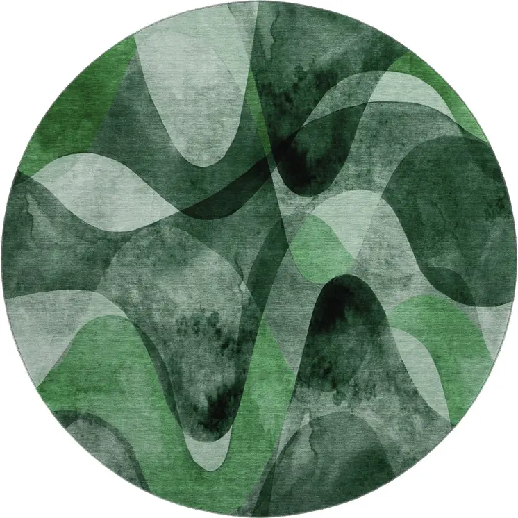 8' Fern Green Gray And Ivory Abstract Washable Round Rug With UV Protection
