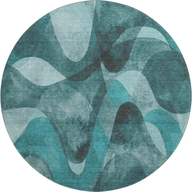 8' Teal And Ivory Abstract Washable Round Rug With UV Protection