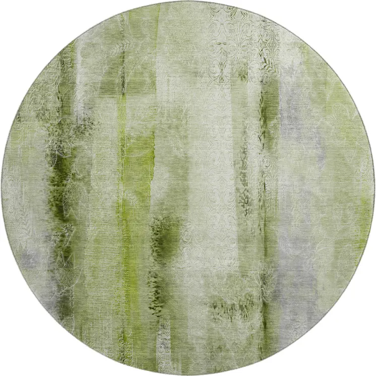 8' Sage And Ivory Abstract Washable Round Rug With UV Protection