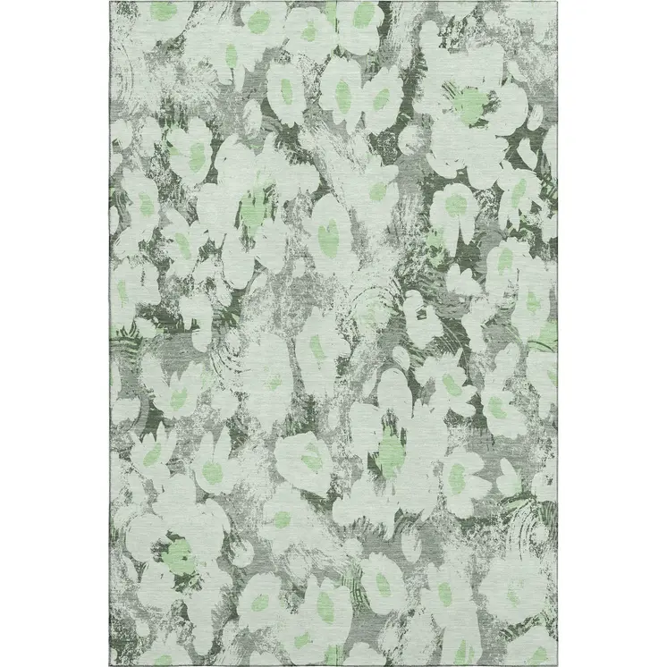 10' X 14' Fern Green Gray And Ivory Floral Washable Area Rug With UV Protection