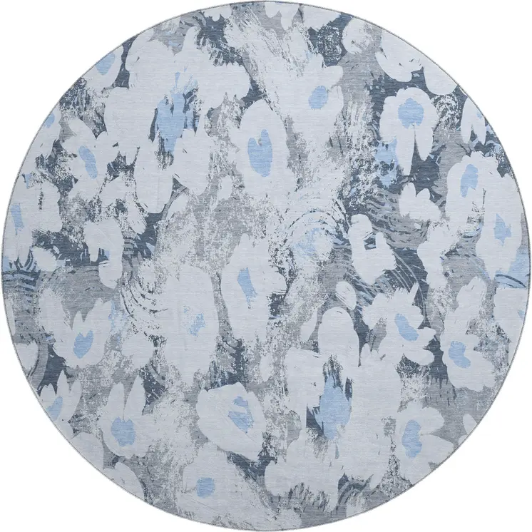 8' Denim Blue Gray And Ivory Floral Washable Round Rug With UV Protection
