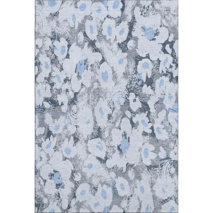 9' X 12' Denim Blue Gray And Ivory Floral Washable Area Rug With UV Protection