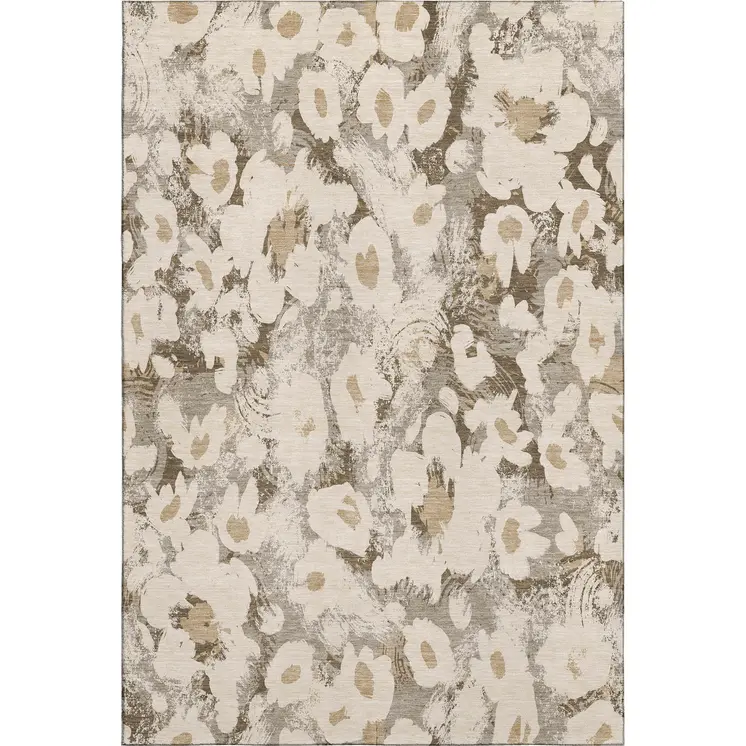 9' X 12' Khaki Gray And Ivory Floral Washable Area Rug With UV Protection