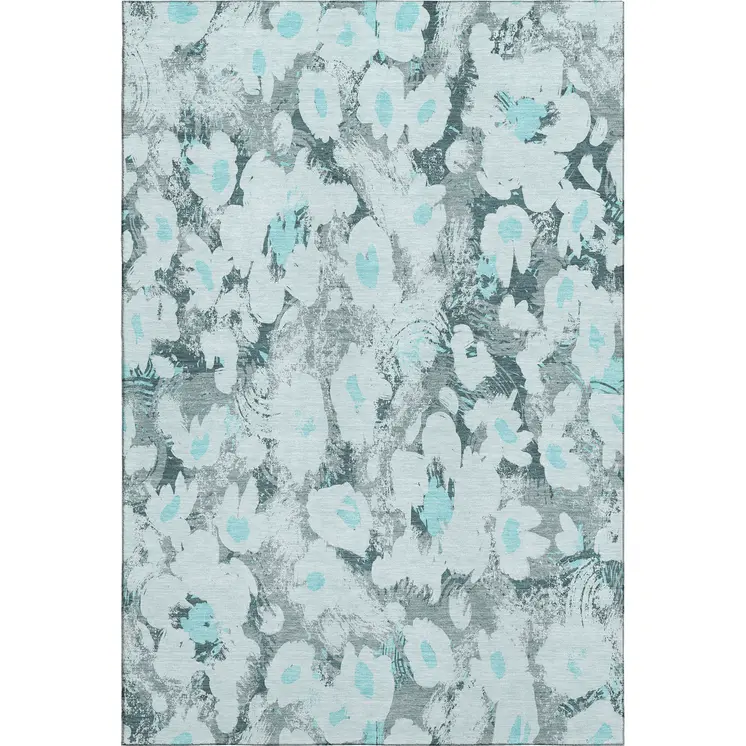 3' X 5' Teal Gray And Ivory Floral Washable Area Rug With UV Protection