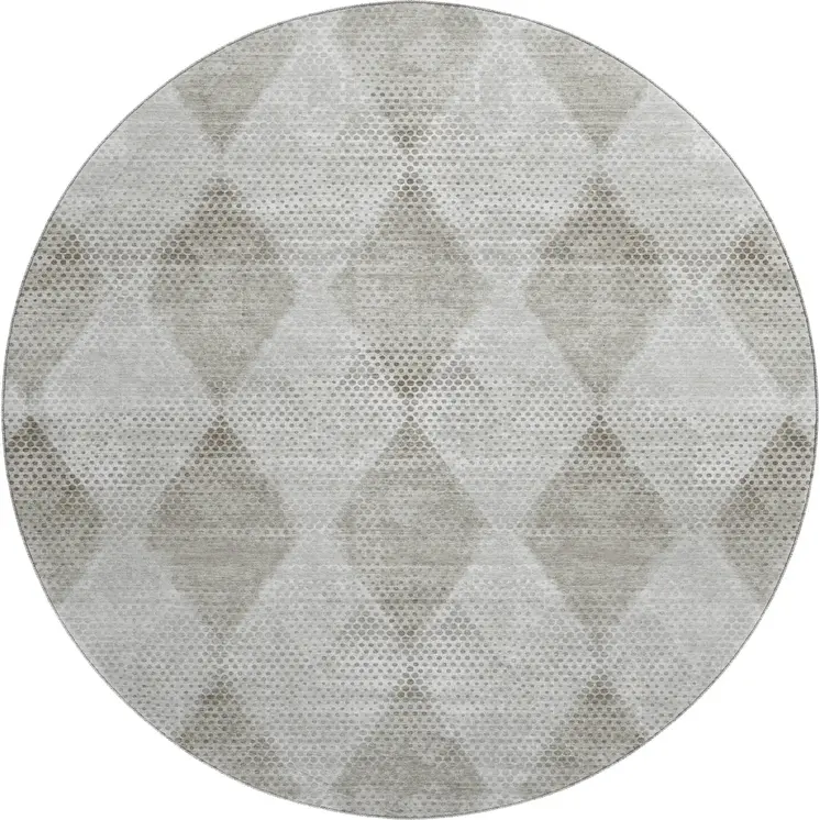 8' Gray And Ivory Geometric Washable Round Rug With UV Protection
