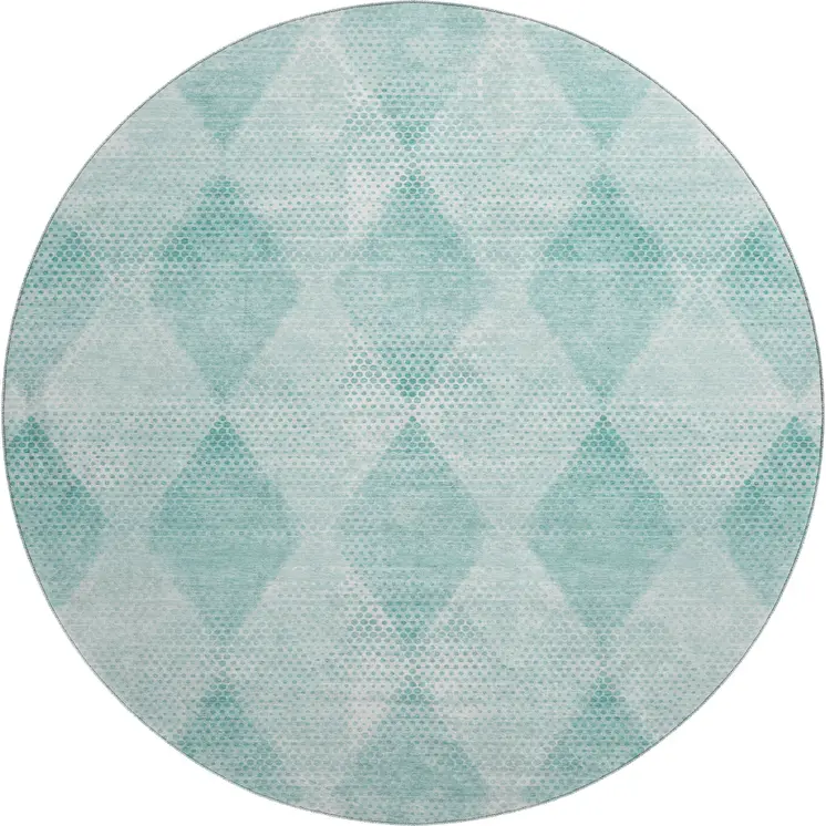 8' Teal And Ivory Geometric Washable Round Rug With UV Protection