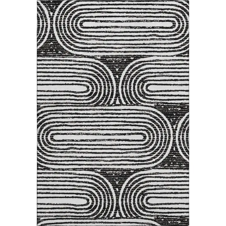 5' X 8' Black And Ivory Geometric Washable Area Rug With UV Protection
