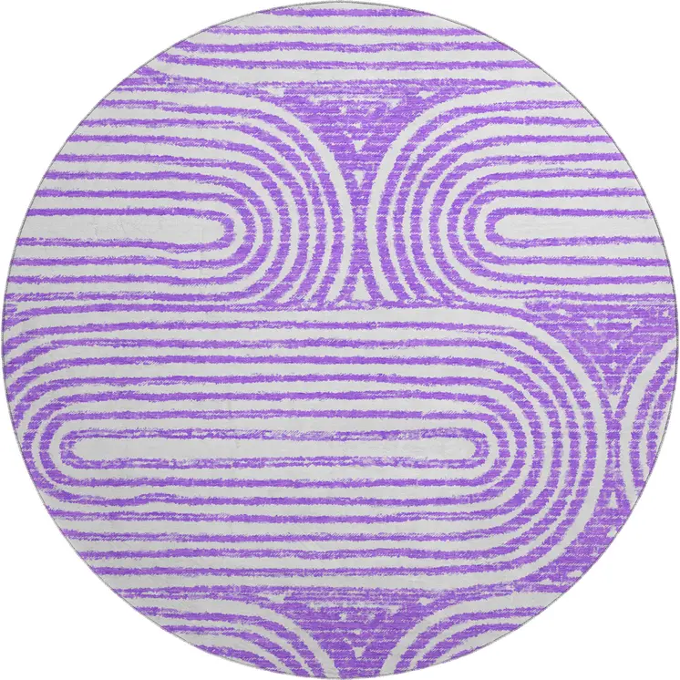 8' Purple And Ivory Geometric Washable Round Rug With UV Protection