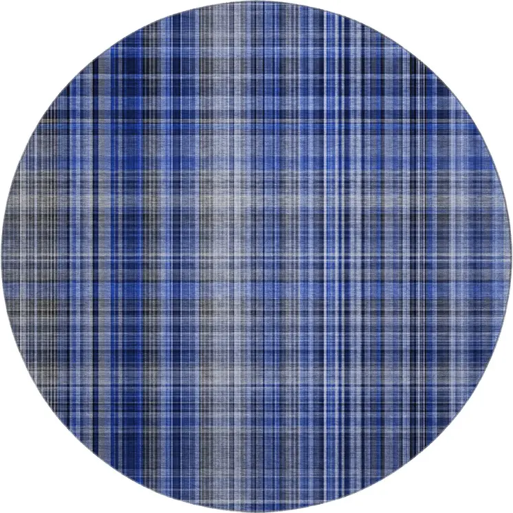 8' Navy Blue And Gray Plaid Washable Round Rug With UV Protection