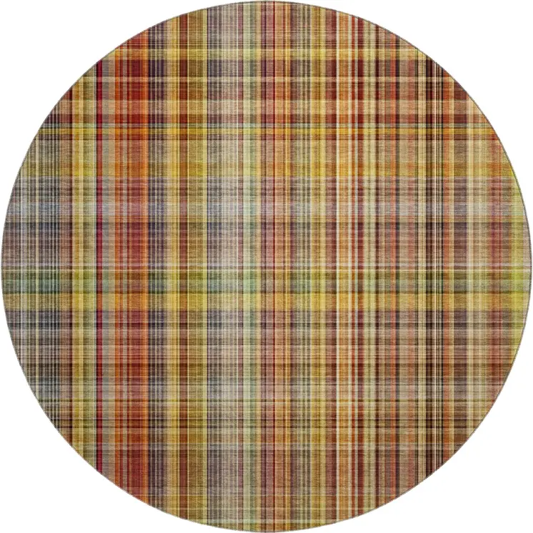 8' Rust Gold And Green Plaid Washable Round Rug With UV Protection