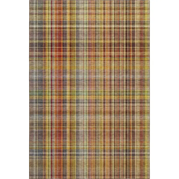 9' X 12' Rust Gold And Green Plaid Washable Area Rug With UV Protection