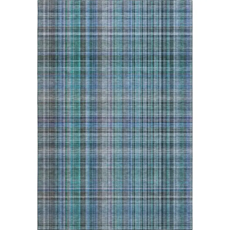 3' X 5' Teal And Gray Plaid Washable Area Rug With UV Protection