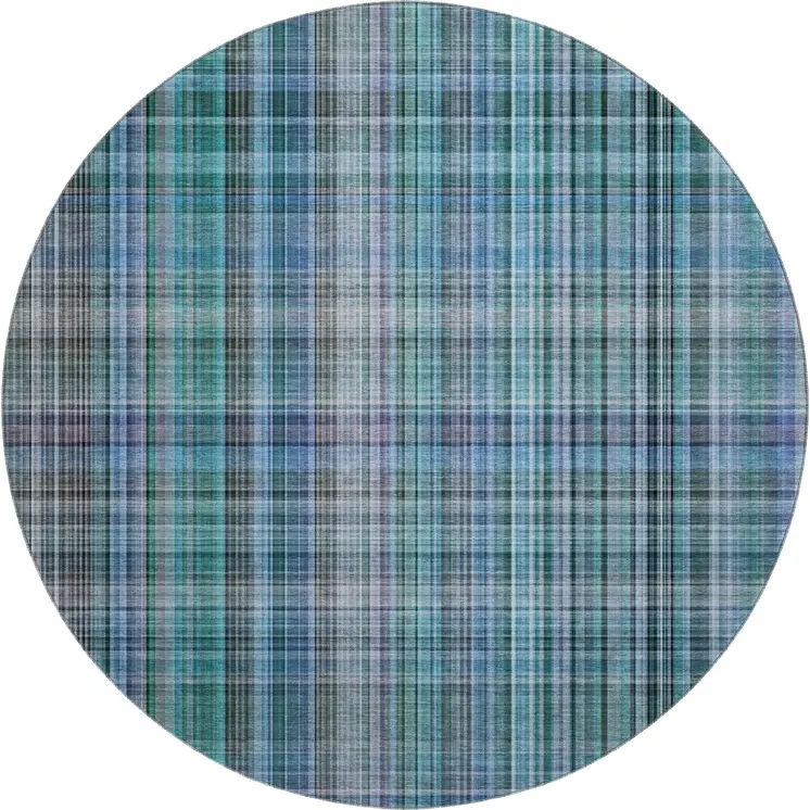 8' Teal And Gray Plaid Washable Round Rug With UV Protection