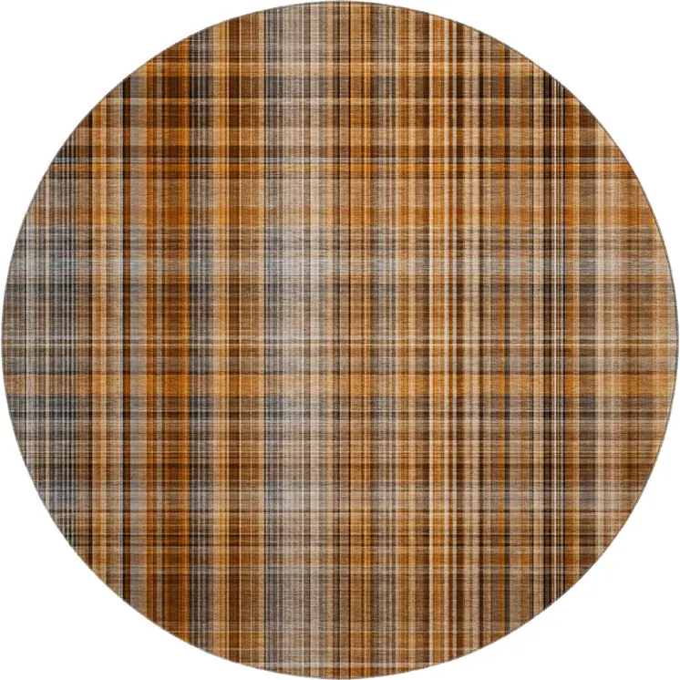 8' Terra Cotta And Gray Plaid Washable Round Rug With UV Protection