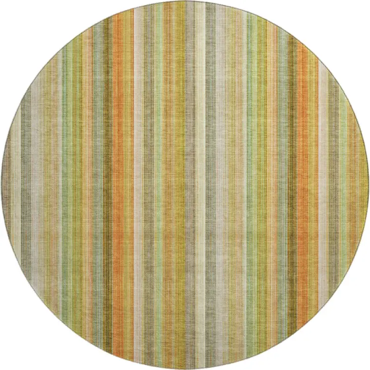 8' Khaki Orange And Beige Striped Washable Round Rug With UV Protection