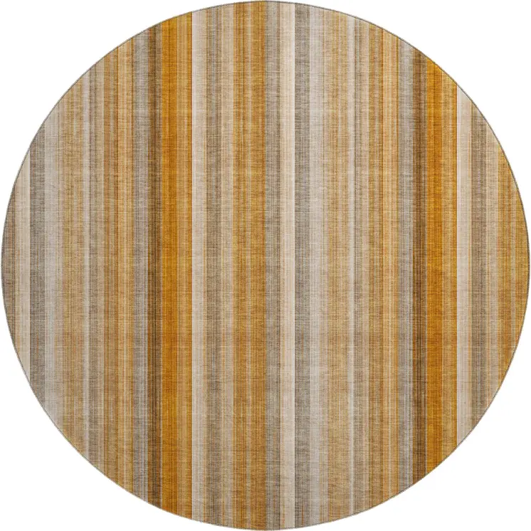 8' Rust And Gray Striped Washable Round Rug With UV Protection