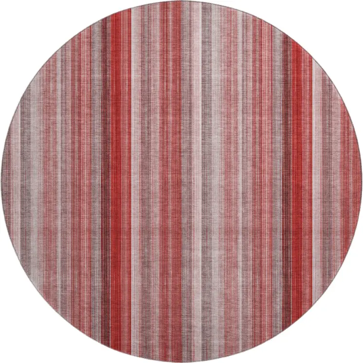 8' Red And Ivory Striped Washable Round Rug With UV Protection
