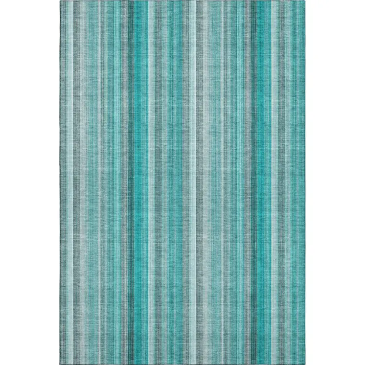 5' X 8' Teal And Ivory Striped Washable Area Rug With UV Protection
