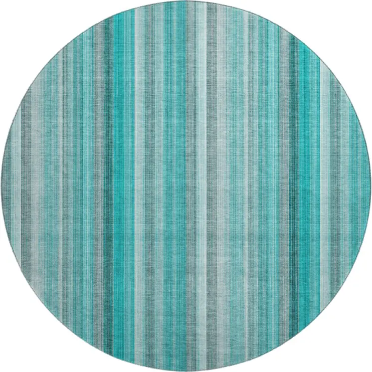 8' Teal And Ivory Striped Washable Round Rug With UV Protection