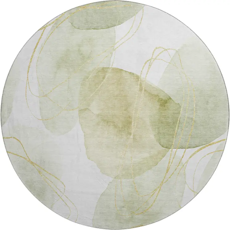 8' Green Gold And Ivory Abstract Washable Round Rug With UV Protection