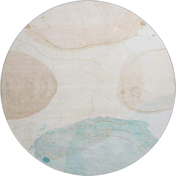 8' Beige Ivory And Teal Abstract Washable Round Rug With UV Protection