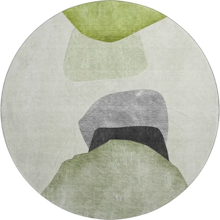 8' Green And Gray Abstract Washable Round Rug With UV Protection
