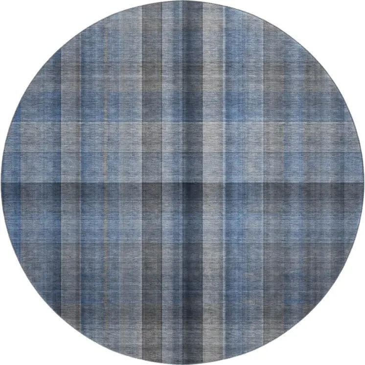 8' Blue And Gray Plaid Washable Round Rug With UV Protection