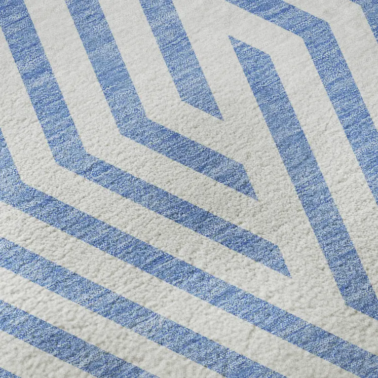 5' X 8' Denim Blue And Ivory Geometric Washable Area Rug With UV Protection