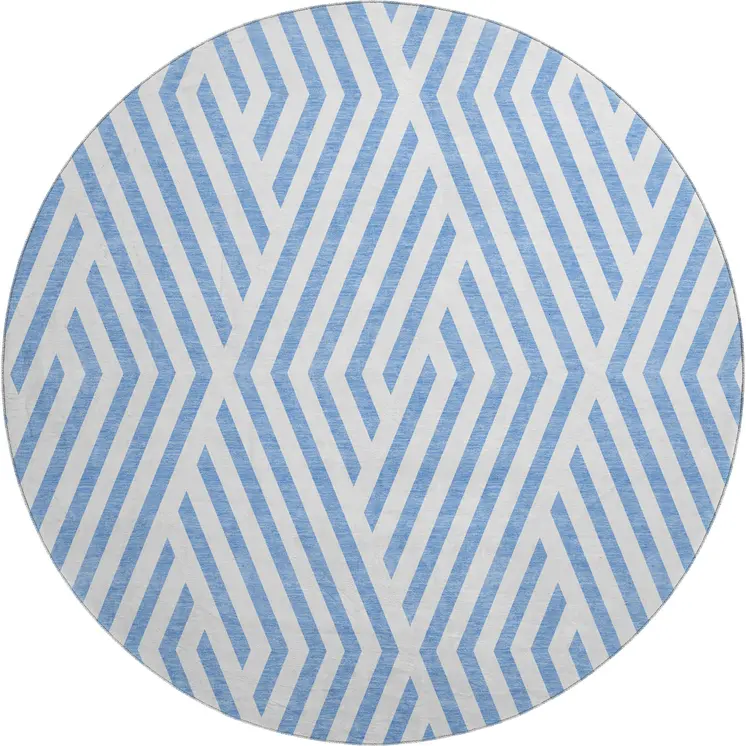 8' Denim Blue And Ivory Geometric Washable Round Rug With UV Protection