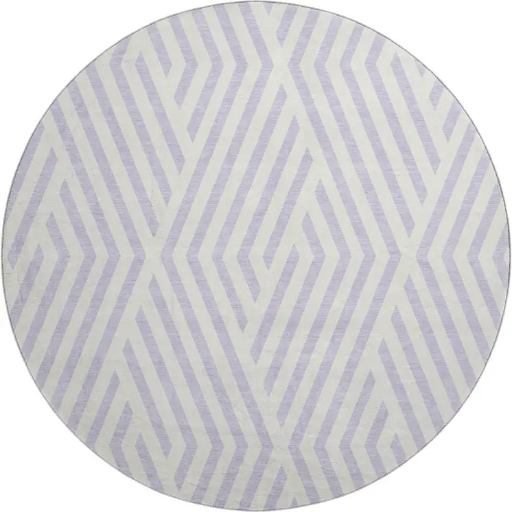 8' Lavender And Ivory Geometric Washable Round Rug With UV Protection