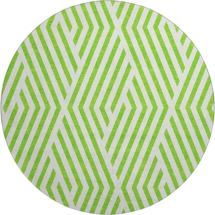 8' Lime Green And Ivory Geometric Washable Round Rug With UV Protection