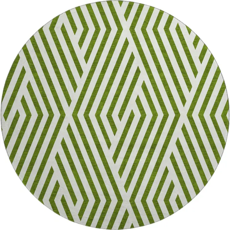 8' Olive Green And Ivory Geometric Washable Round Rug With UV Protection