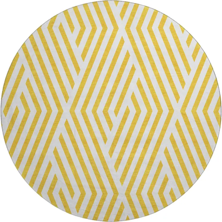 8' Yellow And Ivory Geometric Washable Round Rug With UV Protection