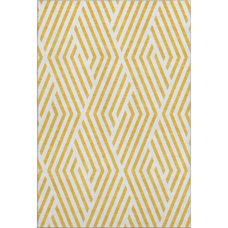 9' X 12' Yellow And Ivory Geometric Washable Area Rug With UV Protection