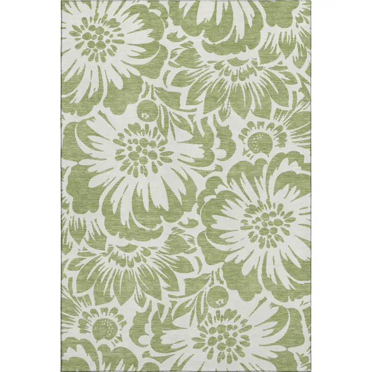 8' X 10' Fern Green And Ivory Floral Washable Area Rug With UV Protection