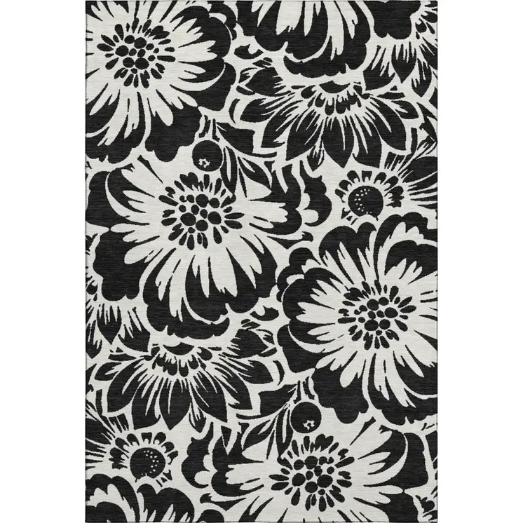 9' X 12' Black And Ivory Floral Washable Area Rug With UV Protection
